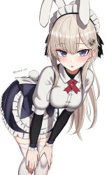 Rule 34 | 1girl, absurdres, ak74m (girls&#039; frontline), animal ears, bent over, blue eyes, breasts, fake animal ears, fake tail, girls&#039; frontline, hair ornament, hairclip, highres, layered sleeves, light brown hair, long hair, long sleeves, looking at viewer, maid, maid headdress, medium breasts, open mouth, rabbit ears, rabbit tail, short over long sleeves, short sleeves, simple background, snowflake hair ornament, solo, standing, tail, thighhighs, white background, white thighhighs, yakob labo