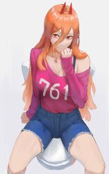 Rule 34 | 1girl, breasts, chainsaw man, cross-shaped pupils, cutoffs, hair between eyes, highres, horns, long hair, looking at viewer, medium breasts, mikame v2, off shoulder, on toilet, orange hair, pink sweater, power (chainsaw man), red eyes, red horns, shorts, simple background, smile, solo, sweater, sweater tucked in, symbol-shaped pupils, torn clothes, torn shorts, white background