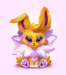 Rule 34 | animal focus, blonde hair, closed mouth, creatures (company), eric proctor, game freak, gen 1 pokemon, jolteon, nintendo, no humans, pawpads, pink background, pink eyes, pokemon, pokemon (creature), signature, sitting, solo