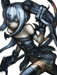 Rule 34 | 1girl, alice (queen&#039;s gate), dual wielding, flat chest, fumio (rsqkr), gloves, gun, hands on own hips, holding, long hair, queen&#039;s blade, queen&#039;s gate, red eyes, silver hair, solo, thighhighs, twintails, weapon, wings