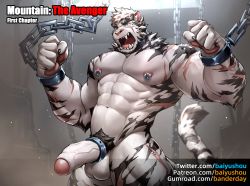 Rule 34 | 1boy, abs, animal ears, arknights, bander (baiyushou), bara, bound, bound wrists, chain, chained, completely nude, erection, fangs, feet out of frame, foreskin, furry, furry male, highres, large pectorals, male focus, male pubic hair, mountain (arknights), muscular, muscular male, navel, navel hair, nipple piercing, nipple rings, nipples, nude, paid reward available, pectorals, penis, piercing, pubic hair, paid reward available, scar, scar across eye, scar on arm, scar on chest, scar on face, scar on leg, sharp teeth, short hair, shouting, solo, stomach, tail raised, teeth, thick thighs, thighs, tiger boy, tiger ears, uncensored, veins, veiny penis, white fur, white hair