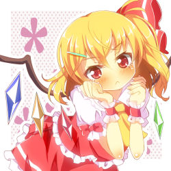 Rule 34 | 1girl, :&lt;, ascot, blonde hair, blush, bow, flandre scarlet, hair bow, hair ornament, hairclip, halftone, halftone background, looking at viewer, no headwear, puffy sleeves, red eyes, shirt, short sleeves, side ponytail, skirt, skirt set, solo, touhou, vest, wings, wrist cuffs, yuimari