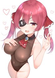 Rule 34 | 1girl, :d, absurdres, bad id, bad twitter id, bare shoulders, blush, bodystocking, breasts, covered navel, eyepatch, groin, hair ribbon, hand up, highres, hololive, houshou marine, large breasts, leotard, long hair, looking at viewer, open mouth, red eyes, red hair, red ribbon, ribbon, see-through, see-through leotard, smile, solo, suzutarou gunsou, thighs, twintails, virtual youtuber