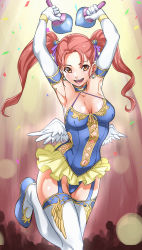 Rule 34 | 1girl, :d, armpits, arms up, blue choker, blue footwear, blue leotard, breasts, choker, cleavage, confetti, divine bustier (dq), dragon quest, dragon quest viii, earrings, elbow gloves, garter straps, gloves, halterneck, highres, holding, jessica albert, jewelry, leg up, leotard, long hair, looking at viewer, medium breasts, open mouth, orange eyes, pretty-purin720, red hair, shoes, smile, solo, teeth, thighhighs, twintails, white gloves, white thighhighs