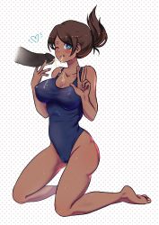 Rule 34 | 1girl, :q, asahina aoi, bare shoulders, barefoot, blue one-piece swimsuit, blush, brown hair, cameltoe, collarbone, covered erect nipples, cum, danganronpa: trigger happy havoc, danganronpa (series), dark-skinned female, dark skin, facial, groin, hands up, heart, heart in eye, highres, kneeling, nikkei, one-piece swimsuit, one eye closed, penis, ponytail, shiny skin, short hair, smile, swimsuit, symbol in eye, tongue, tongue out, w
