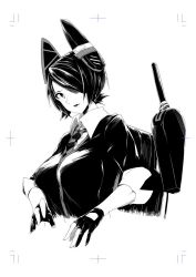 Rule 34 | 1girl, breasts, collared shirt, eyepatch, genyaky, gloves, greyscale, hair over one eye, headgear, kantai collection, large breasts, looking at viewer, machinery, monochrome, one eye covered, partially fingerless gloves, rigging, shirt, short hair, simple background, solo, tenryuu (kancolle), upper body, white background, wing collar