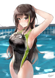 Rule 34 | 1girl, alternate costume, armpits, arms behind head, black eyes, black hair, black one-piece swimsuit, breasts, commentary request, competition swimsuit, cowboy shot, girls&#039; frontline, green hair, highleg, highleg swimsuit, large breasts, long hair, m4a1 (girls&#039; frontline), multicolored hair, one-piece swimsuit, pool, shiny clothes, shirosaba, smile, solo, standing, streaked hair, swimsuit, water