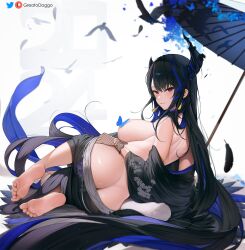 Rule 34 | 1girl, ass, asymmetrical horns, barefoot, bird, black hair, blue hair, breasts, bug, butt crack, butterfly, colored inner hair, feather-trimmed kimono, feathers, feet, fishnet gloves, fishnets, gloves, greatodoggo, highres, holding, holding umbrella, hololive, hololive english, horns, insect, large breasts, lying, mole, mole under eye, multicolored hair, nerissa ravencroft, nerissa ravencroft (new year), on side, parasol, red eyes, simple background, soles, solo, streaked hair, thighs, toe scrunch, toenails, toes, umbrella, uneven horns, virtual youtuber, white background