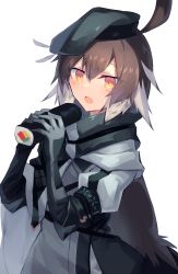 Rule 34 | 1girl, ahoge, arknights, beret, bird girl, black hat, blush, brown hair, cloak, commentary request, food, gloves, grey background, grey hair, hair between eyes, hat, highres, holding, holding food, long sleeves, looking down, makizushi, multicolored hair, open mouth, plume (arknights), sasa onigiri, short hair, simple background, solo, sushi, sweat, two-tone hair, upper body
