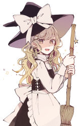 Rule 34 | 1girl, back bow, black hat, black skirt, black vest, blonde hair, bow, braid, broom, commentary request, earrings, hair ornament, hairclip, hat, hat bow, highres, holding, holding broom, jewelry, kirisame marisa, long hair, long sleeves, looking at viewer, mozukuzu (manukedori), nail polish, open mouth, shirt, simple background, single braid, skirt, smile, solo, star (symbol), touhou, upper body, vest, wavy hair, white background, white bow, white shirt, witch hat, yellow eyes, yellow nails