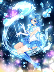 Rule 34 | 1girl, bishoujo senshi sailor moon, blue bow, blue eyes, blue footwear, blue hair, blue neckwear, blue sailor collar, blue skirt, boots, bow, brooch, bug, butterfly, circlet, elbow gloves, full body, gloves, harp, heart, heart brooch, insect, instrument, jewelry, knee boots, magical girl, mercury harp, mizuno ami, music, playing instrument, pleated skirt, sailor collar, sailor mercury, shirataki kaiseki, short hair, signature, skirt, smile, solo, super sailor mercury, water, white gloves