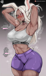 Rule 34 | 1girl, abs, absurdres, almualim, animal ears, armpits, arms behind head, arms up, bare shoulders, black choker, blush, boku no hero academia, breasts, character name, choker, clothes writing, clothing cutout, collarbone, covered erect nipples, crop top, curvy, dark-skinned female, dark skin, english text, highres, large breasts, long eyelashes, long hair, looking at viewer, midriff, mirko, navel, parted bangs, patreon username, purple shorts, rabbit ears, rabbit girl, rabbit tail, red eyes, short shorts, short tail, shorts, signature, skindentation, solo, speech bubble, sports bra, steaming body, stomach, sweat, tail, tail through clothes, thick thighs, thighs, toned, very sweaty, white hair, white sports bra