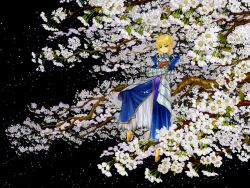 Rule 34 | 1girl, armor, armored dress, artoria pendragon (fate), blonde hair, blue dress, cherry blossoms, dress, fate/stay night, fate (series), full body, game cg, green eyes, nakamura hirofumi, smile, solo, traditional media, tree