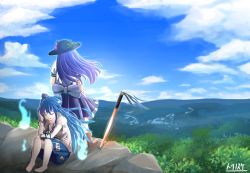 Rule 34 | 2girls, artist name, barefoot, blue hair, blue skirt, blue sky, boots, bracelet, closed eyes, cloud, commentary request, day, debt, dress, elbow on knee, facing away, food, forest, frilled skirt, frills, from behind, fruit, grey hoodie, hair blowing, hand in own hair, hand on own knee, hat, highres, hinanawi tenshi, hitodama, hood, hood down, hoodie, jewelry, layered dress, leaf, long hair, mountain, mountainous horizon, multiple girls, nature, outdoors, peach, planted, planted sword, planted weapon, puffy short sleeves, puffy sleeves, scenery, short sleeves, sitting, skirt, sky, smile, standing, stuffed animal, stuffed cat, stuffed toy, sword, sword of hisou, torinosukei, touhou, very long hair, weapon, wind, yorigami shion