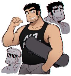 Rule 34 | 1boy, aip (monarchaip), bara, beard stubble, black eyes, black hair, black tank top, cropped legs, cropped shoulders, facial hair, grin, hand in pocket, highres, huge eyebrows, lucas lee, male focus, muscular, muscular male, pants, partially colored, pectorals, pointing, pointing at self, scott pilgrim (series), scott pilgrim takes off, short hair, sidepec, sideways glance, sideways mouth, smile, stubble, sunglasses, tank top