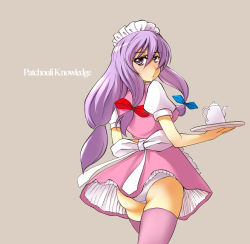 Rule 34 | 1girl, :&lt;, ass, back, blush, character name, cup, female focus, highres, long hair, looking back, maid, maid headdress, panties, pantyshot, patchouli knowledge, purple eyes, purple hair, purple thighhighs, ribbon, skirt, solo, teacup, thighhighs, touhou, tray, underwear, upskirt