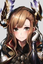 Rule 34 | 10s, 1girl, armor, asymmetrical bangs, blush, brown eyes, brown hair, close-up, closed mouth, coat, commentary, gloves, granblue fantasy, grey background, hair ornament, hand up, highres, long hair, looking at viewer, portrait, sidelocks, simple background, smile, solo, tweyen (granblue fantasy), upper body, watao, white gloves
