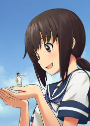 Rule 34 | 10s, 1boy, 1girl, admiral (kancolle), black hair, blush, brown eyes, day, epaulettes, fingernails, fubuki (kancolle), giant, giantess, hat, highres, jacket, kantai collection, kuro oolong, long sleeves, looking at another, military, military uniform, open mouth, outdoors, pants, ponytail, school uniform, serafuku, short hair, short sleeves, size difference, sky, smile, uniform, white cap, white hat, white jacket, white pants