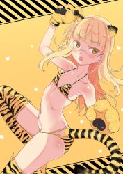 Rule 34 | 1girl, 2022, animal ears, animal hands, animal print, aohashi ame, armpits, ass, bikini, blonde hair, blush, breasts, chinese zodiac, collarbone, glasses, gloves, highres, long hair, looking at viewer, navel, open mouth, paw gloves, perrine h. clostermann, shiny skin, small breasts, solo, strike witches, swimsuit, tail, thighhighs, tiger ears, tiger print, tiger tail, world witches series, year of the tiger, yellow eyes