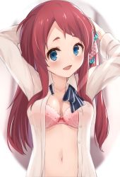 Rule 34 | 10s, 1girl, :d, adjusting hair, alisia0812, arms up, blue eyes, blush, bow, bow bra, bowtie, bra, breasts, cleavage, collared shirt, highres, looking at viewer, medium breasts, minamoto sakura, navel, open clothes, open mouth, pale skin, pink bra, polka dot, polka dot bow, red eyes, school uniform, shirt, smile, solo, unbuttoned, unbuttoned shirt, underwear, zombie land saga