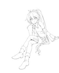 Rule 34 | 1girl, akita neru, detached sleeves, greyscale, hair ornament, highres, legs, crossed legs, lineart, long hair, monochrome, necktie, ponytail, routo (rapi), side ponytail, sitting, skirt, smile, solo, thighhighs, very long hair, vocaloid