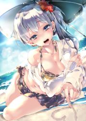 Rule 34 | 1girl, beach, bikini, blush, breasts, brown eyes, cleavage, cloud, day, hair ornament, heart, kamizuki shiki, large breasts, long hair, looking at viewer, lying, navel, ocean, on side, open mouth, original, outdoors, ponytail, round teeth, sand, side ponytail, silver hair, sky, solo, swimsuit, teeth, water