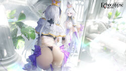 Rule 34 | 1girl, ass, back, belt, bent over, blue eyes, boots, breast hold, breasts, bridal gauntlets, crown, echocalypse, highres, huge breasts, levia (echocalypse), long hair, looking at mirror, mirror, official art, ouri (aya pine), parted bangs, parted lips, reflection, thigh boots, white hair