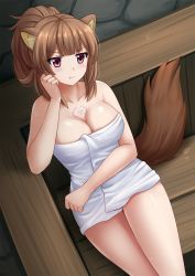 Rule 34 | 1girl, :t, animal ears, blush, breasts, brown hair, chest tattoo, cleavage, cleavage cutout, closed mouth, clothing cutout, collarbone, highres, kazenokaze, large breasts, long hair, naked towel, ponytail, pout, raccoon ears, raccoon girl, raccoon tail, raphtalia, red eyes, sitting, solo, tail, tate no yuusha no nariagari, tattoo, towel, wet, white towel