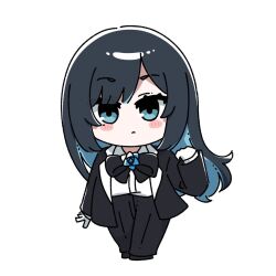Rule 34 | 1girl, ado (utaite), black bow, black bowtie, black coat, black hair, black pants, blue eyes, blue flower, blue hair, blue rose, blush, bow, bowtie, chando (ado), chibi, closed mouth, cloud nine inc, coat, collared shirt, colored inner hair, commentary, dress shirt, flower, flower brooch, full body, gloves, hand up, highres, long sleeves, looking at viewer, mole, mole under eye, multicolored hair, oan (o annn), open clothes, open coat, pants, rose, shirt, simple background, solo, standing, two-tone hair, utaite, white background, white gloves, white shirt
