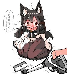 Rule 34 | 1girl, 1other, animal ear fluff, animal ears, black hair, blush, breasts, brooch, brown dress, dot nose, dress, flying sweatdrops, frilled dress, frilled sleeves, frills, hair between eyes, imaizumi kagerou, jewelry, kasuya baian, large breasts, long hair, long sleeves, looking at another, multicolored hair, on ground, open mouth, red eyes, scared, simple background, sweatdrop, tail, tearing up, touhou, translation request, two-tone hair, vacuum cleaner, white background, white dress, wolf ears, wolf girl, wolf tail