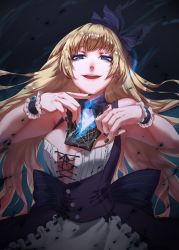 Rule 34 | 1girl, apron, bad id, bad pixiv id, blonde hair, bow, bowtie, bracelet, breasts, card, center opening, cleavage, coffinkun, dark alice (force of will), earrings, force of will, highres, jewelry, long hair, nail polish, open mouth, purple eyes, solo, teeth