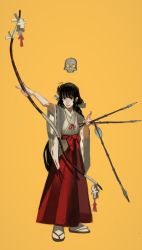 Rule 34 | 1girl, archery, arrow (projectile), black eyes, black hair, bow (weapon), hakama, highres, holding, holding arrow, holding bow (weapon), holding weapon, japanese clothes, long sleeves, looking at viewer, mossacannibalis, original, parted lips, red hakama, simple background, skull, smile, solo, weapon, wide sleeves, yellow background, yumi (bow)