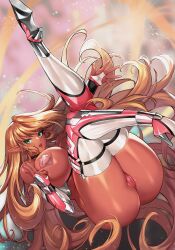 Rule 34 | 1girl, absurdly long hair, ass, blonde hair, breasts, cameltoe, choker, cleavage cutout, cleft of venus, clothing cutout, dark elf, elf, floating, green eyes, gurimjang, high heels, highres, huge ass, huge breasts, legs up, long hair, looking at viewer, armored boots, open mouth, original, panties, pasties, pink panties, pointy ears, revealing clothes, shiny skin, solo, thighhighs, thighs, thong, underwear, very long hair, w, waving