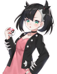 Rule 34 | 1girl, absurdres, asymmetrical bangs, bad id, bad pixiv id, black choker, black hair, black jacket, black nails, blush, breasts, choker, cleavage, commentary request, creatures (company), dress, earrings, eyelashes, game freak, green eyes, hand on own hip, hand up, highres, holding, holding poke ball, jacket, jewelry, long sleeves, marnie (pokemon), masyu jyaga, nail polish, nintendo, open clothes, pink dress, poke ball, poke ball (basic), pokemon, pokemon swsh, simple background, solo, twintails, white background