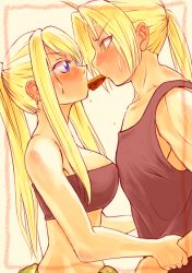 Rule 34 | 00s, 1boy, 1girl, blonde hair, blue eyes, blush, earrings, edward elric, fullmetal alchemist, jewelry, lithiumia, long hair, midriff, mouth hold, ponytail, tank top, winry rockbell, yellow eyes