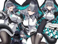 Rule 34 | 1girl, 1other, :d, aqua nails, arknights, black pantyhose, breasts, commentary request, doctor (arknights), dress, fingerless gloves, gloves, green eyes, grey hair, grin, highres, ho&#039;olheyak (arknights), large breasts, looking at viewer, medium hair, multiple views, nail polish, open mouth, pantyhose, pencil dress, short dress, simple background, smile, snake tail, tail, thighs, white background, white dress, white gloves, yoko2yuray