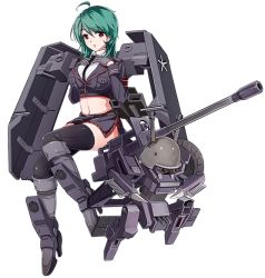 Rule 34 | 1girl, :o, ahoge, blue hair, breasts, cannon, crop top, full body, gloves, gw tiger 17 (panzer waltz), large breasts, long hair, long sleeves, looking at viewer, mecha musume, midriff, navel, necktie, panzer waltz, personification, red eyes, shiny skin, short hair, skindentation, skirt, smile, solo, tama (tamatamo), thighhighs, thighs, transparent background