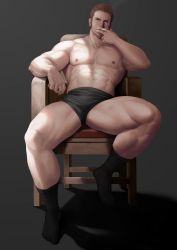 Rule 34 | 1boy, abs, absurdres, bara, bare pectorals, black male underwear, bulge, facial hair, highres, large pectorals, looking at viewer, male focus, male underwear, mature male, muscular, muscular male, navel, navel hair, nipples, original, pectorals, saolin (wudangx), short hair, sideburns, sidepec, sitting, socks, solo, stomach, stubble, thick thighs, thighs, topless male, underwear, underwear only