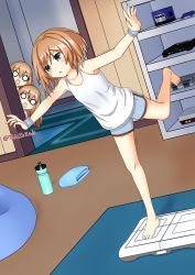 Rule 34 | 3girls, :o, absurdres, alternate costume, arms up, balancing, bare legs, bare shoulders, barefoot, blanc (neptunia), blue eyes, blush, brown hair, exercising, famicom, focused, game console, gamecube, highres, indoors, leaning forward, leg up, long hair, looking afar, looking at another, medium hair, multiple girls, neptune (series), nintendo 64, o o, outstretched arms, peeking, ram (neptunia), rom (neptunia), short shorts, shorts, siblings, sisters, solo focus, standing, standing on one leg, staring, surprised, tank top, thisisrals, trembling, twins, white tank top, wii balance board