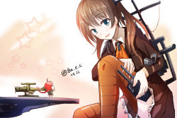 Rule 34 | 10s, 1girl, aircraft, airplane, ascot, bad id, bad pixiv id, bae.c, blue eyes, boyogo, brown hair, dated, fairy (kancolle), hair ornament, highres, kantai collection, kumano (kancolle), long hair, looking at viewer, machinery, parted lips, pleated skirt, school uniform, size difference, sketch, skirt, smile, striped clothes, striped thighhighs, thighhighs, twitter username, type 0 observation seaplane