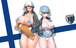 Rule 34 | 2girls, absurdres, baseball cap, bikini, blue headwear, blue jacket, blush, breasts, closed eyes, closed mouth, commentary, curvy, emblem, facing viewer, finnish flag, flag background, front-tie bikini top, front-tie top, girls und panzer, halterneck, hands in pockets, hat, highres, hitch (perotoss), holding, holding instrument, huge breasts, instrument, jacket, kantele, keizoku (emblem), large breasts, long sleeves, looking away, mika (girls und panzer), multiple girls, music, navel, no pants, partially unzipped, playing instrument, shadow, side-tie bikini bottom, skindentation, smile, standing, string bikini, sweatdrop, swimsuit, track jacket, tulip hat, white bikini, youko (girls und panzer)