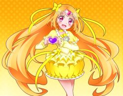 Rule 34 | 10s, 1girl, :d, blush, brooch, bubble skirt, choker, cure muse, cure muse (yellow), earrings, gradient background, heart, heart earrings, heart hands, jewelry, long hair, looking at viewer, magical girl, open mouth, orange hair, pink eyes, polka dot, polka dot background, precure, shirabe ako, skirt, smile, solo, suite precure, takayama zeruda, very long hair