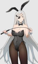 Rule 34 | 1girl, alchemist (girls&#039; frontline), animal ears, bare shoulders, black bow, black bowtie, black pantyhose, blue background, bow, bowtie, breasts, cleavage, covered navel, detached collar, eyepatch, fake animal ears, girls&#039; frontline, grey hair, grin, groin, large breasts, leotard, long hair, looking at viewer, pantyhose, playboy bunny, rabbit ears, sangvis ferri, simple background, smile, solo, standing, very long hair, whip, wrist cuffs, yellow eyes, youjja