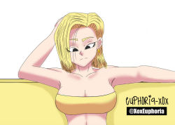 Rule 34 | android, android 18, black eyes, blonde hair, couch, dragon ball, dragon ball super, dragonball z, euphoria-xox, looking at viewer, looking down, short hair, sitting, tilted head