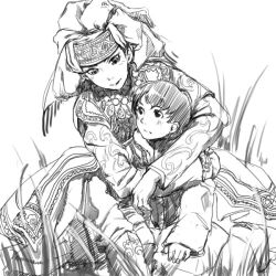 Rule 34 | 1boy, 1girl, age difference, amira, blush, colmack, couple, grass, greyscale, head scarf, hetero, hug, hug from behind, jewelry, karluk, long sleeves, lowres, monochrome, necklace, otoyomegatari, traditional clothes