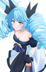 Rule 34 | 1girl, absurdres, ahoge, aqua choker, bare shoulders, blue bow, blue dress, blue eyes, blue gloves, blue hair, blue thighhighs, blush, bow, bracelet, breasts, catch (catch9030), cleavage, collarbone, commentary, cross-shaped pupils, detached sleeves, dress, drill hair, gloves, gwen (league of legends), highres, jewelry, league of legends, long hair, looking at viewer, medium breasts, mismatched pupils, off-shoulder dress, off shoulder, puffy short sleeves, puffy sleeves, short sleeves, simple background, skirt hold, smile, solo, symbol-shaped pupils, thighhighs, twin drills, white background