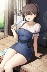 Rule 34 | 1girl, arm support, brown hair, cellphone, collarbone, ddangbi, denim, denim skirt, electric fan, food, hand up, highres, holding, holding food, in pocket, long hair, looking at viewer, open mouth, orange eyes, original, overall skirt, panties, pantyshot, phone, ponytail, popsicle, porch, reclining, shirt, sitting, skirt, smartphone, solo, sweat, sweatdrop, t-shirt, thighs, underwear, white panties, white shirt