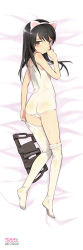 Rule 34 | 10s, 1girl, animal ears, ass, bed sheet, black hair, blue eyes, blush, cat ears, copyright name, dakimakura (medium), embarrassed, fake animal ears, feet, full body, girls und panzer, hand on own face, highres, long hair, long image, looking at viewer, looking back, lying, no shoes, official art, one-piece swimsuit, reizei mako, school swimsuit, shimada fumikane, solo, swimsuit, tall image, thighhighs, thighhighs pull, wet, white school swimsuit, white one-piece swimsuit, white thighhighs
