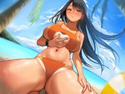 1girl beach bikini black_hair blue_sky blush breasts brown_eyes closed_mouth clothing_cutout cloud cloudy_sky commentary_request day dutch_angle floating_hair highres horizon inushima large_breasts long_hair navel ocean orange_bikini original outdoors palm_leaf palm_tree sand sky smile solo squatting stomach swimsuit tan thighs tree underboob_cutout watch wedgie wristwatch