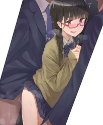Rule 34 | 1girl, 2boys, black hair, blush, braid, brown eyes, chikan, crying, crying with eyes open, glasses, heavy breathing, hetero, highres, implied sex, long hair, multiple boys, open mouth, original, rape, sex, skirt, standing, suzuki (pixiv68914435), sweat, tears, train, trembling, twintails